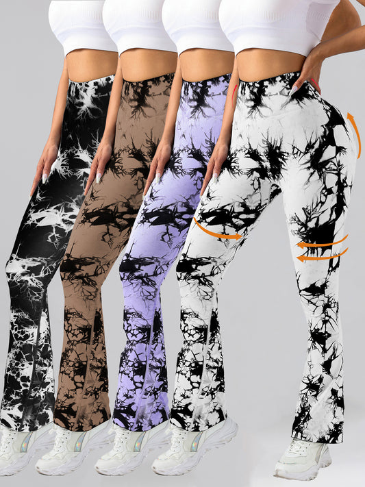 4 Pack Flared Yoga Leggings For Women High Waisted Tie-dye Print Butt Lifting Stretch Sports Workout Bodybuilding Pants, Seamless High Waisted Bootcut Yoga Leggings