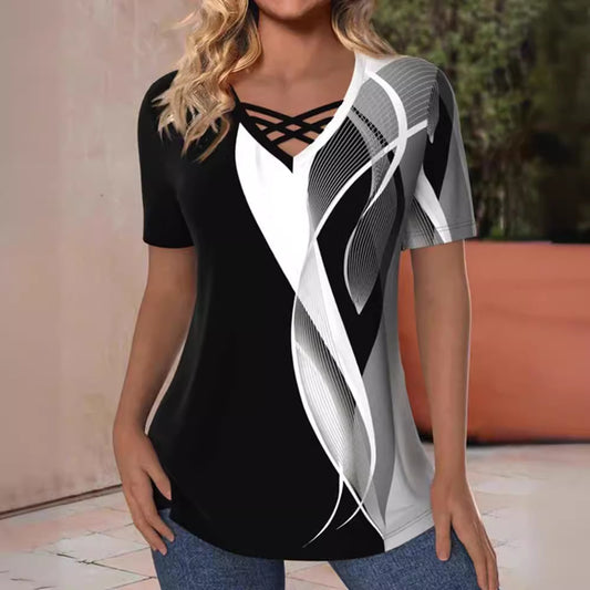 Fashion Printed V-neck Short-sleeved Top For Women