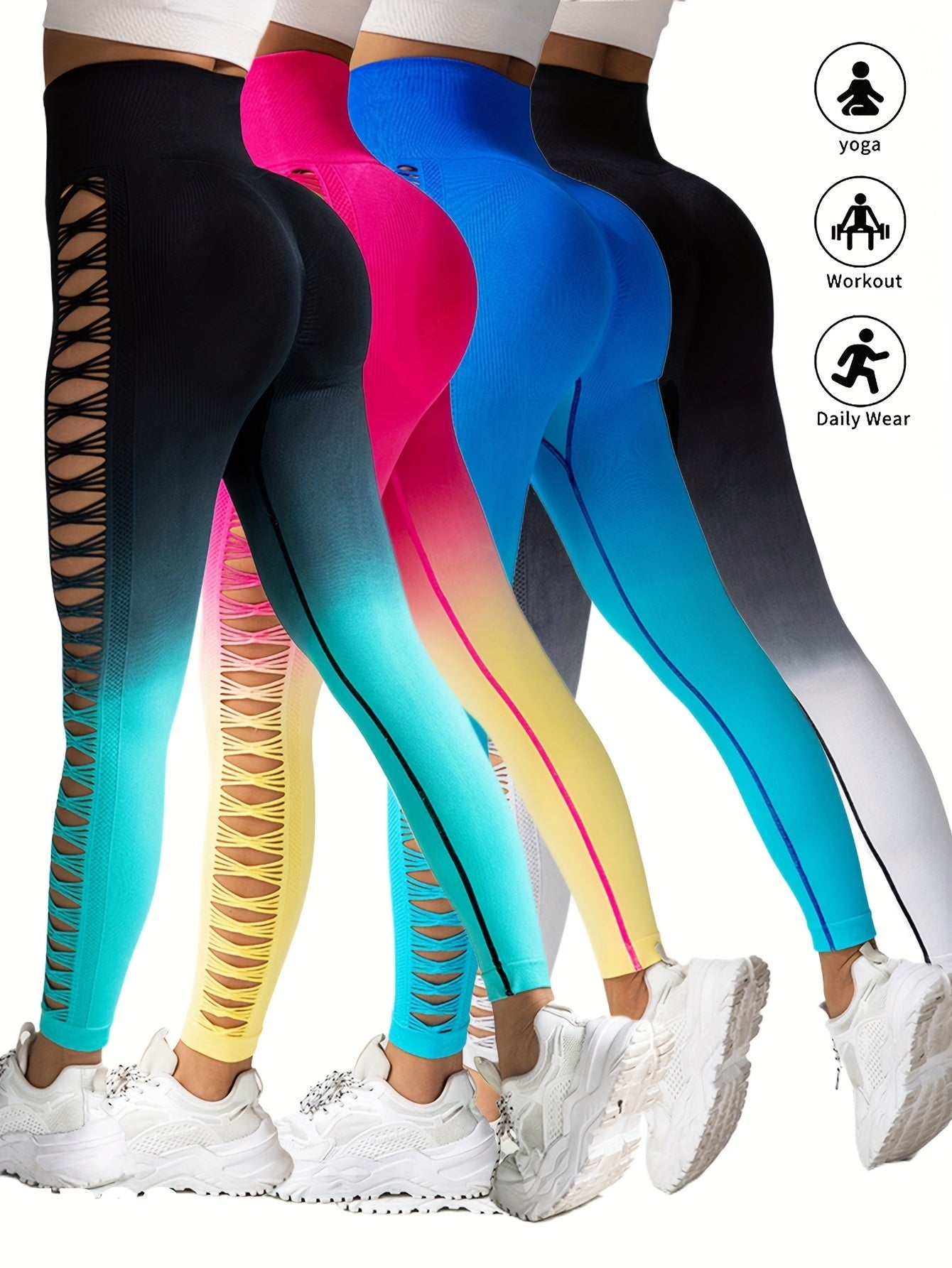 4 Pack Cut Out Ombre Gradient Color Hollow High-waist Butt-lifting Fitness Women's Yoga Pants, Women's High Waist Yoga Pants Cutout Ripped Super Soft And Comfortable Skinny Leggings