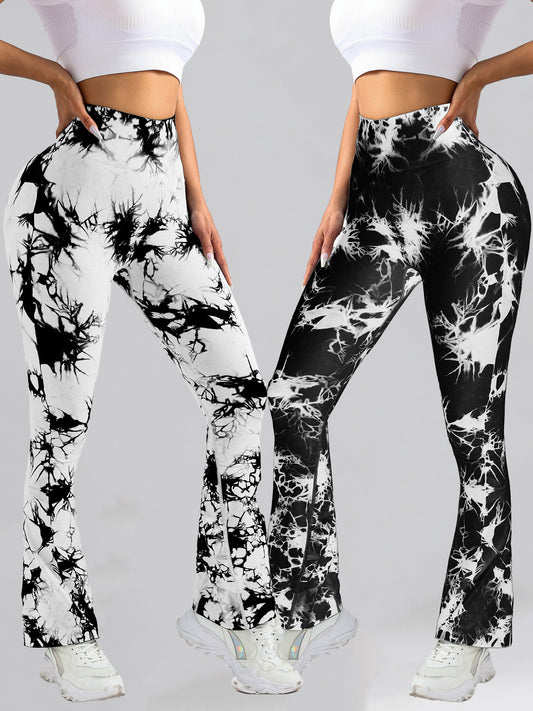 2 Pack Tie Dyed High Waisted Flared Butt-lifting Fitness Sports Women's Yoga Bell-bottom Pants, Workout Leggings For Women, Gym Scrunch Butt Butt Lifting Seamless Leggings